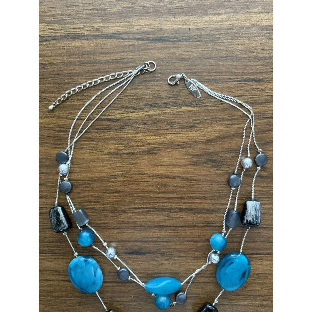 NY Chunky Teal Blue Beaded Statement Necklace Silver Tone Three Strand Fairy